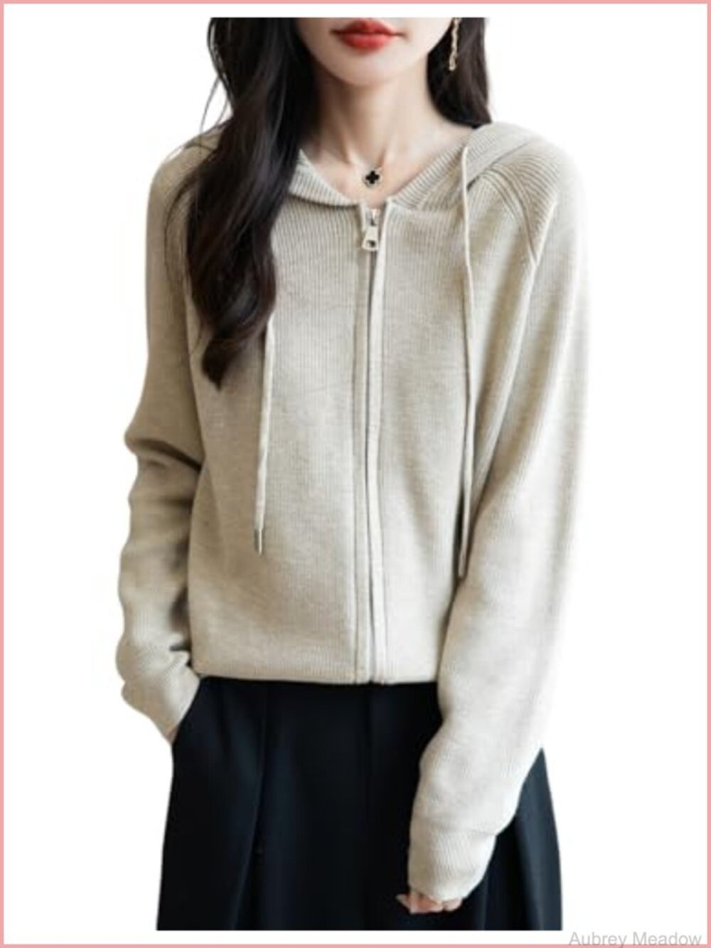 Merino Wool Blend Cardigan Hooded Zip Ribbed Knit Long Sleeve